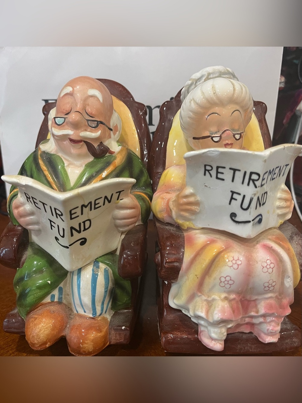 Vintage Lefton Ceramic 'Retirement Fund' Grandpa Grandma piggy bank set